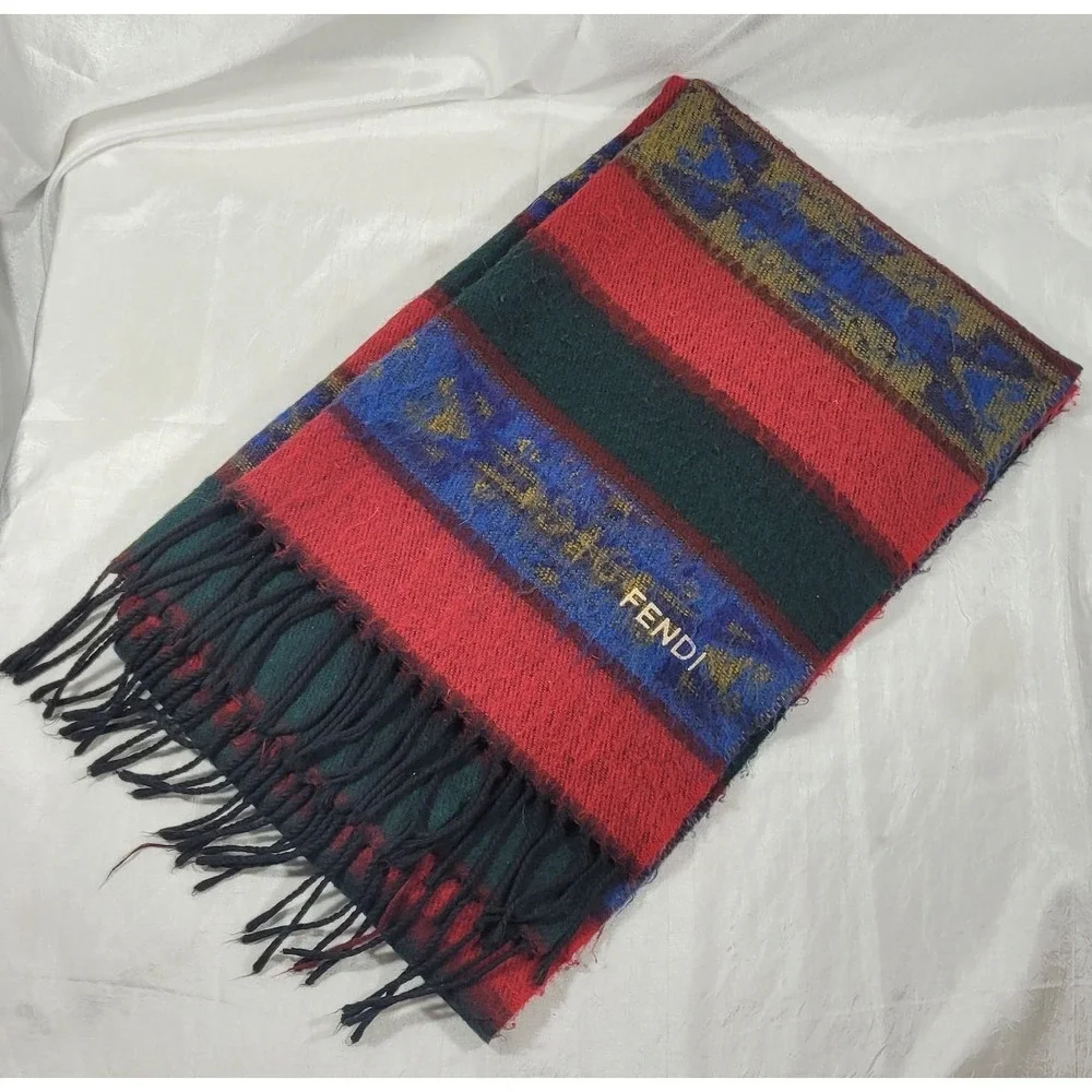 Fendi‎ Wool Southwestern Aztec Print Rectangular Scarf w/ Fringe - 20
